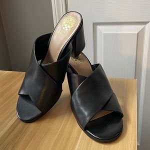 Vince Camuto Heeled Leather Peep Toe Mule Sandals